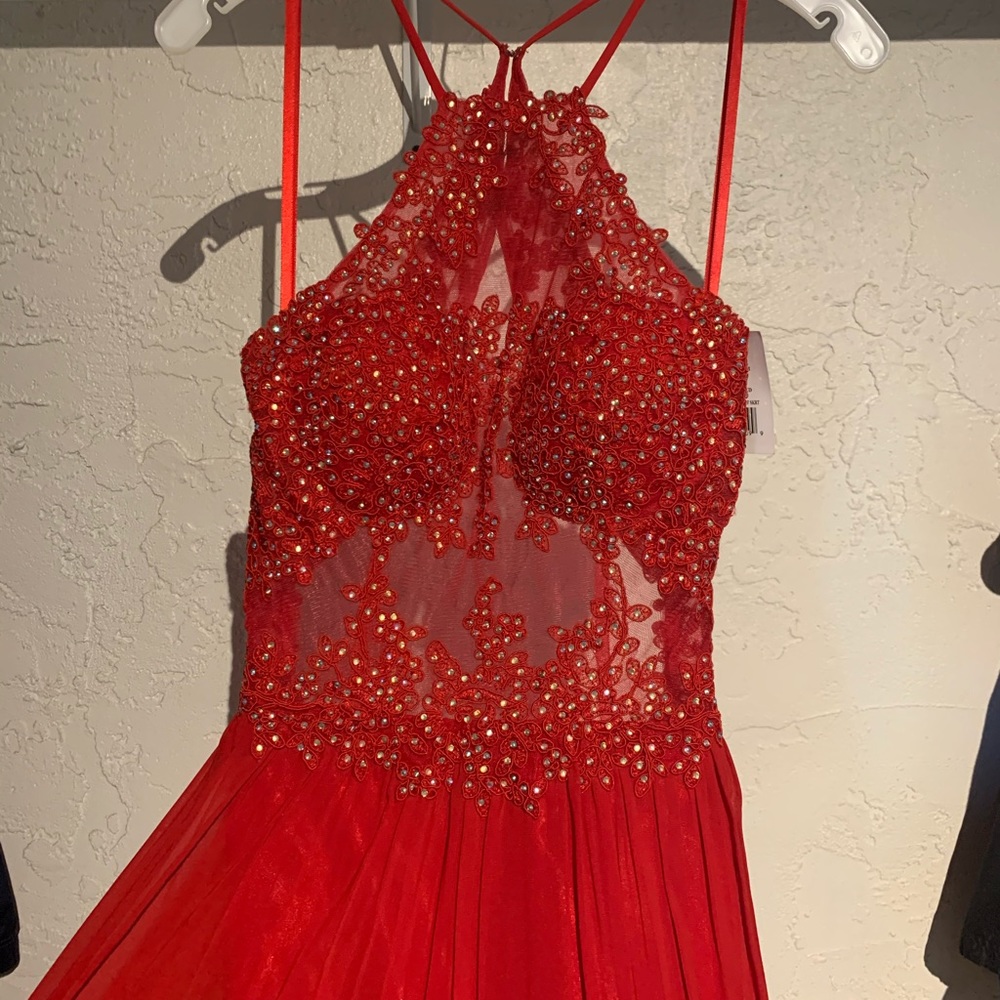 Chiffon A-Line Halter Dress w/ Corded Embroidery